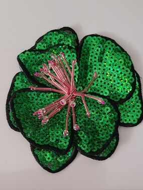 3D Hibiscus Beaded Applique Flower Iron On Patch Sequins Tropical Green Pink